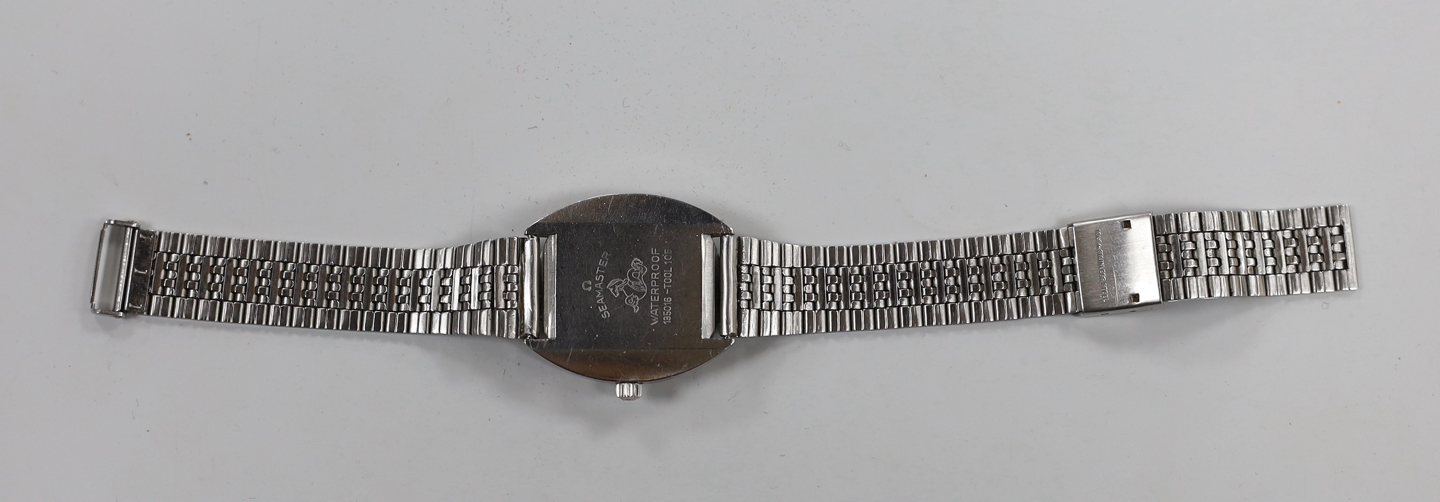 A gentleman's 1970's? stainless steel Omega Seamaster Cosmic manual wind wrist watch, on associated bracelet, case diameter 34mm.